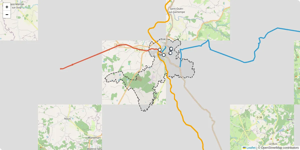 Carte du réseau de transport en commun à Bellac - lignes de bus et arrêts