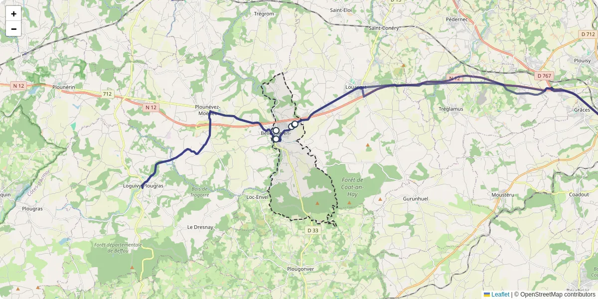Carte du réseau de transport en commun à Belle-Isle-en-Terre - lignes de bus et arrêts