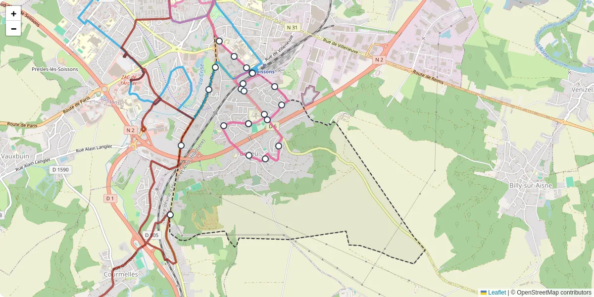 Carte du réseau de transport en commun à Belleu - lignes de bus et arrêts