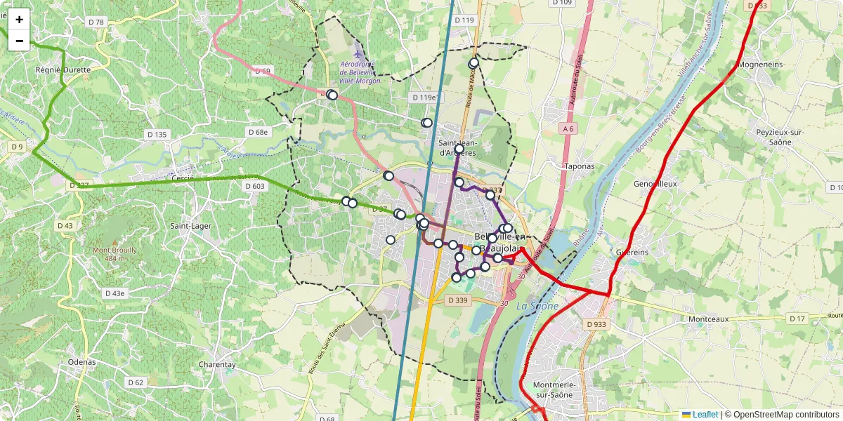 Carte du réseau de transport en commun à Belleville-en-Beaujolais - lignes de bus et arrêts