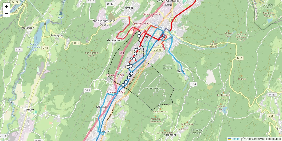 Carte du réseau de transport en commun à Bellignat - lignes de bus et arrêts