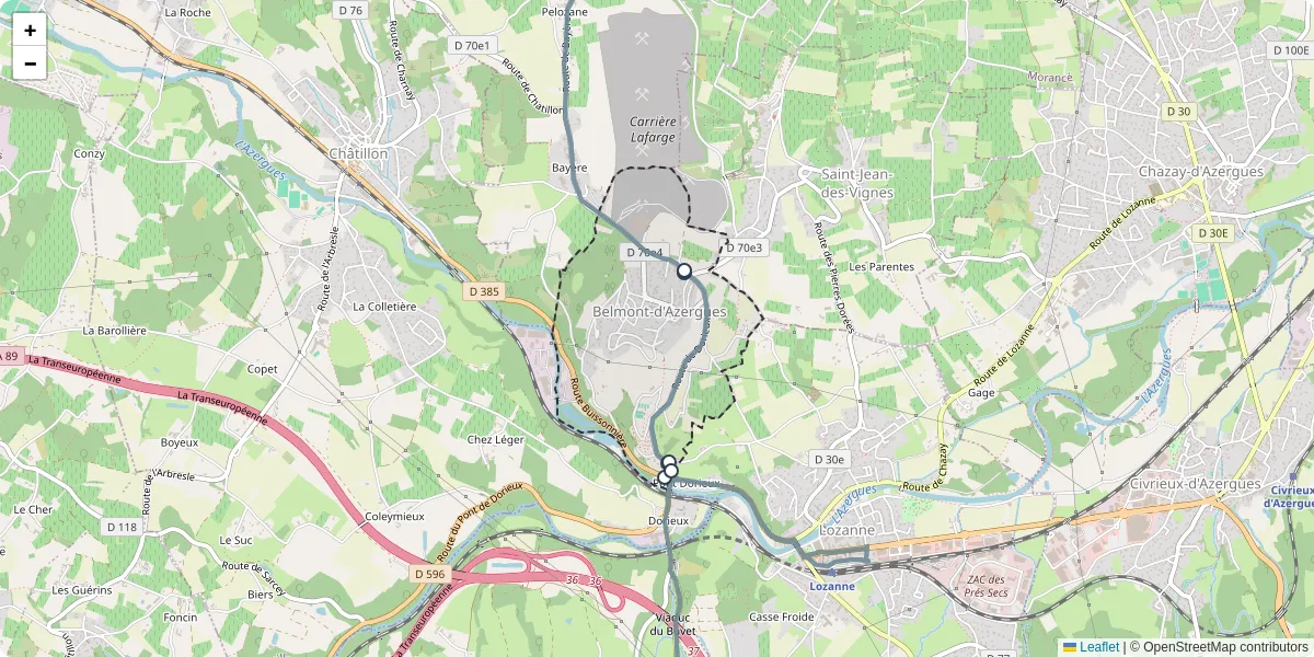 Carte du réseau de transport en commun à Belmont-d'Azergues - lignes de bus et arrêts