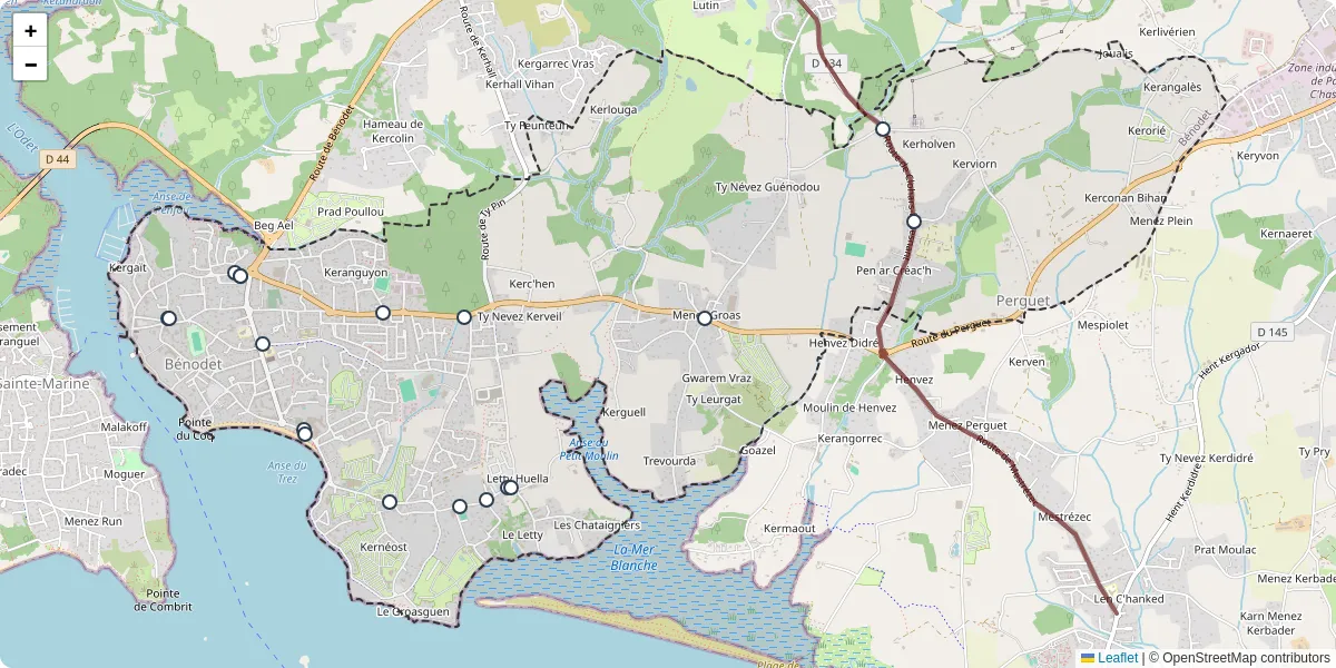 Carte du réseau de transport en commun à Bénodet - lignes de bus et arrêts