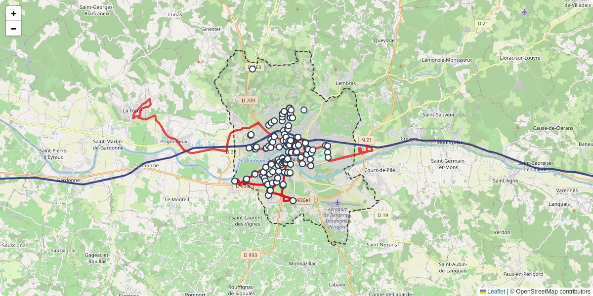 Carte du réseau de transport en commun à Bergerac - lignes de bus et arrêts