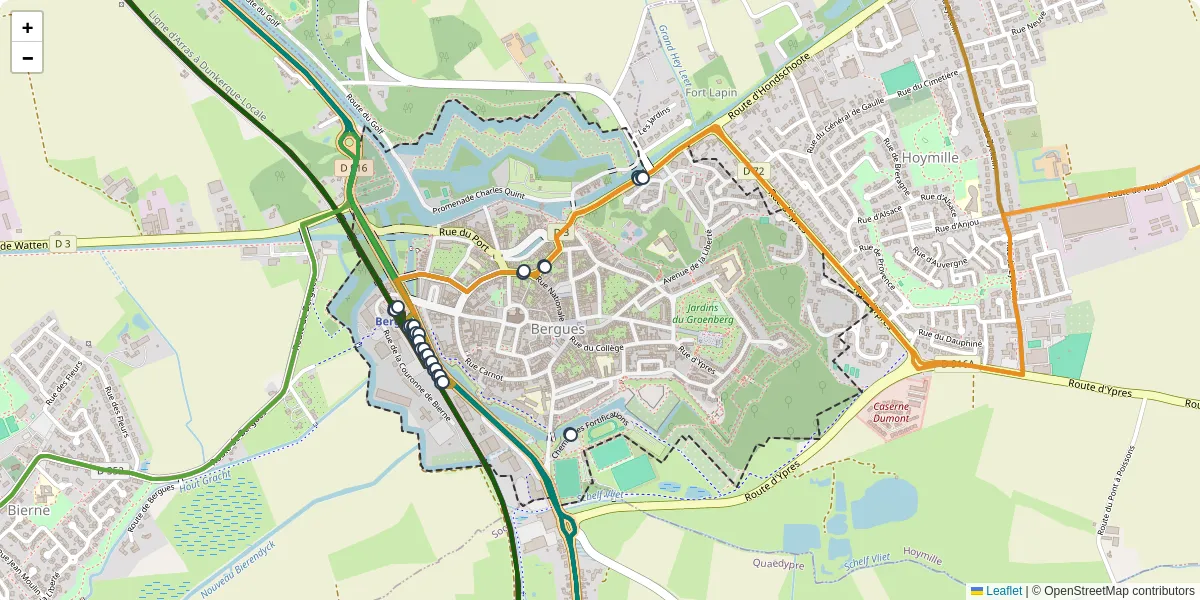 Carte du réseau de transport en commun à Bergues - lignes de bus et arrêts