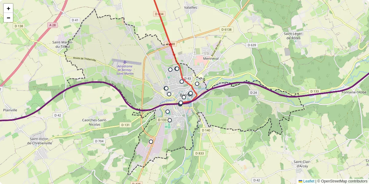 Carte du réseau de transport en commun à Bernay - lignes de bus et arrêts