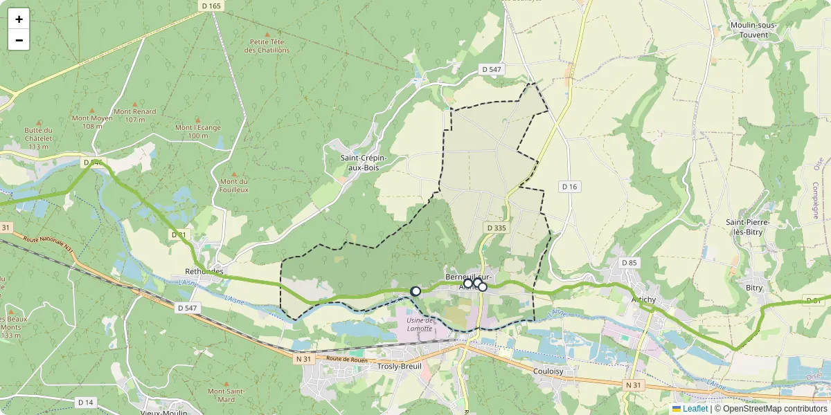 Carte du réseau de transport en commun à Berneuil-sur-Aisne - lignes de bus et arrêts