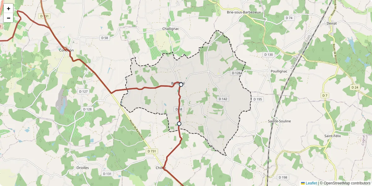 Carte du réseau de transport en commun à Berneuil - lignes de bus et arrêts