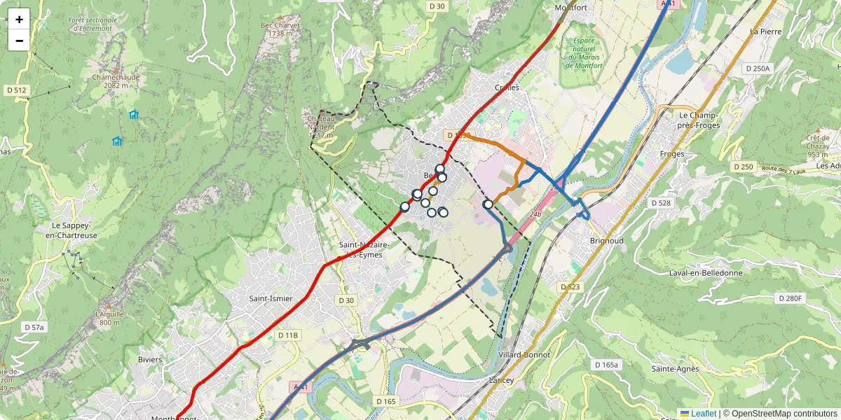 Carte du réseau de transport en commun à Bernin - lignes de bus et arrêts