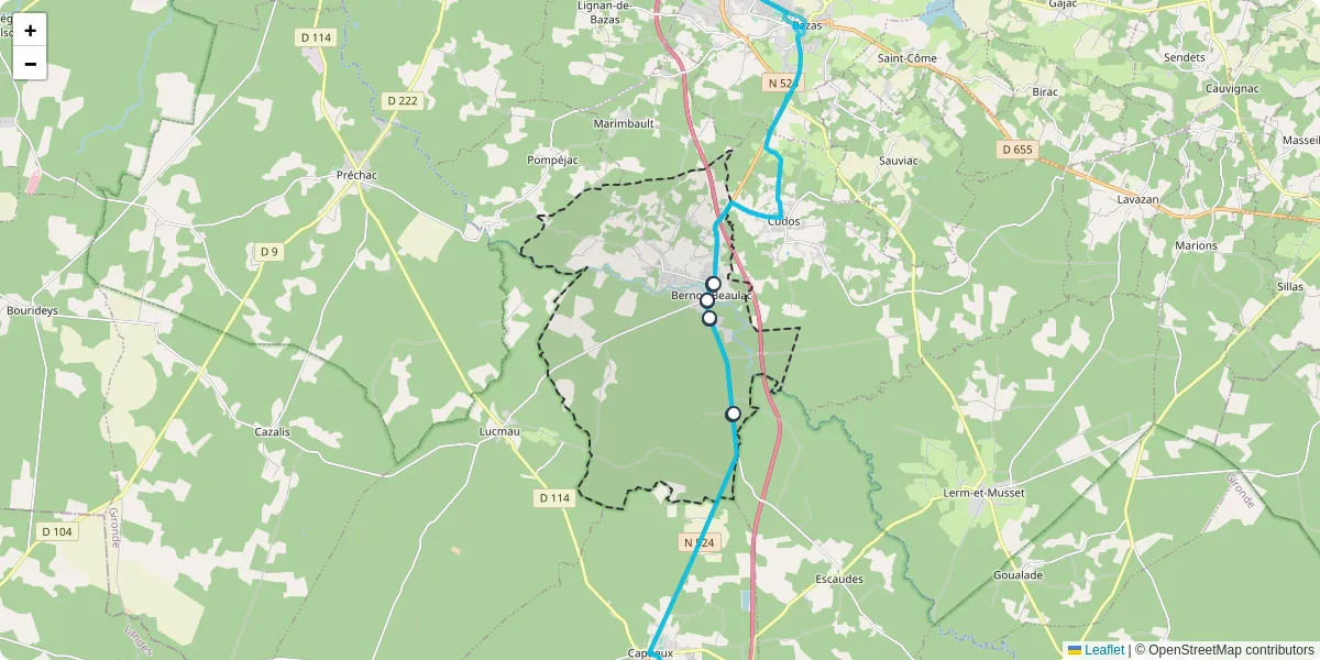 Carte du réseau de transport en commun à Bernos-Beaulac - lignes de bus et arrêts