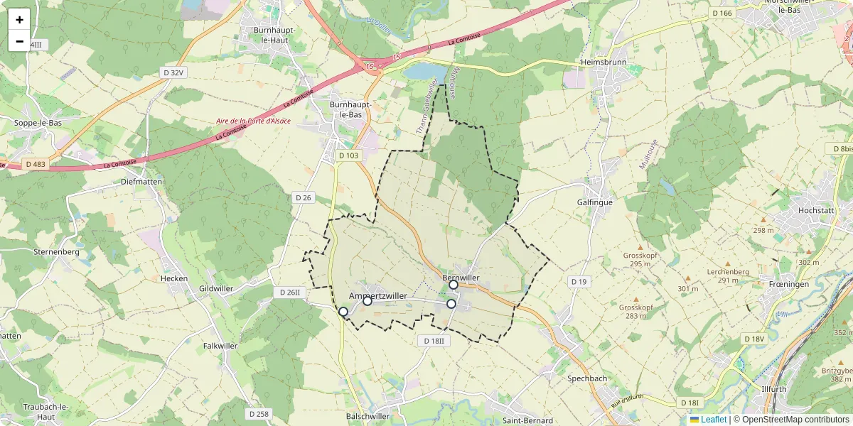 Carte du réseau de transport en commun à Bernwiller - lignes de bus et arrêts