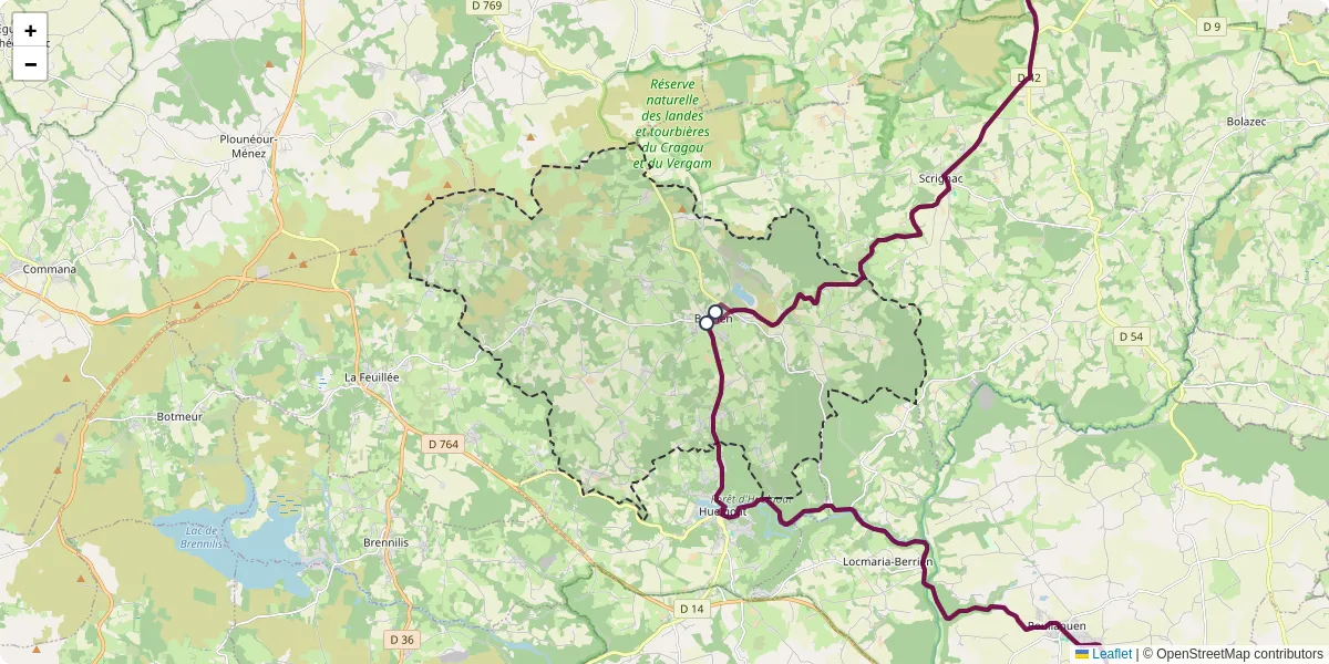 Carte du réseau de transport en commun à Berrien - lignes de bus et arrêts
