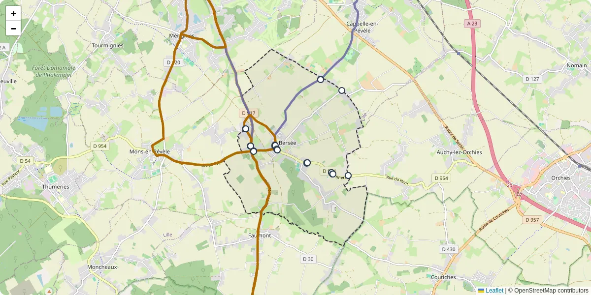 Carte du réseau de transport en commun à Bersée - lignes de bus et arrêts