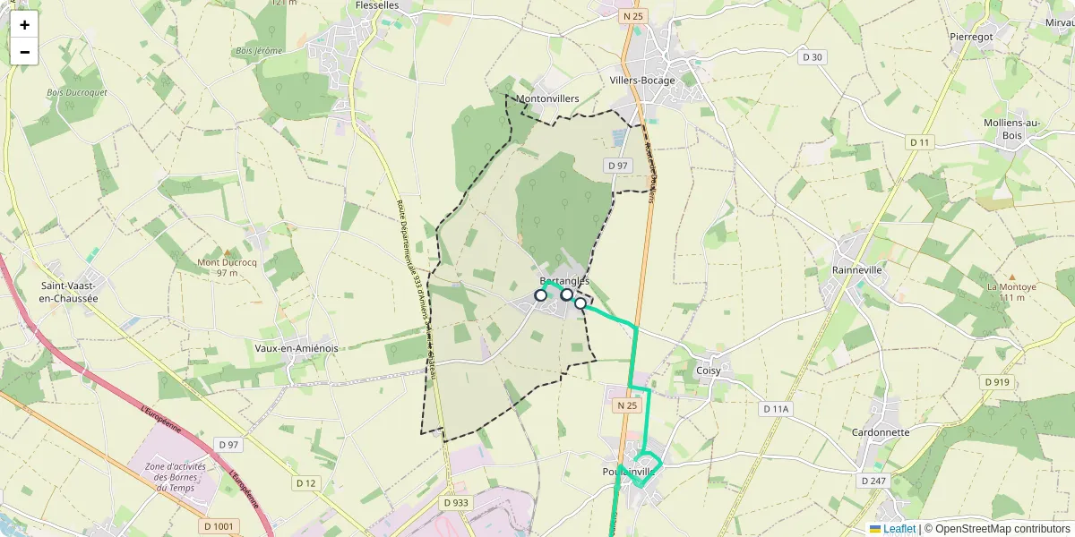Carte du réseau de transport en commun à Bertangles - lignes de bus et arrêts