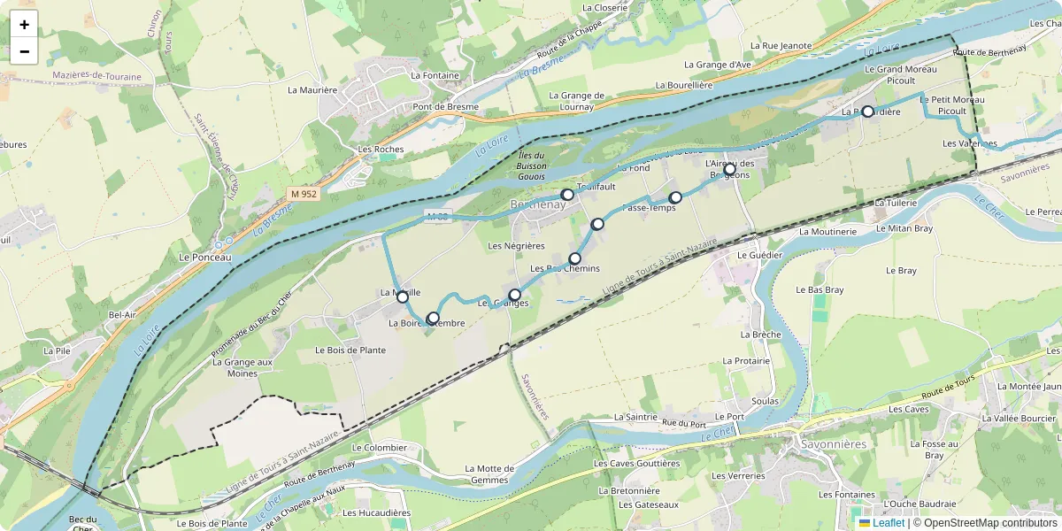 Carte du réseau de transport en commun à Berthenay - lignes de bus et arrêts