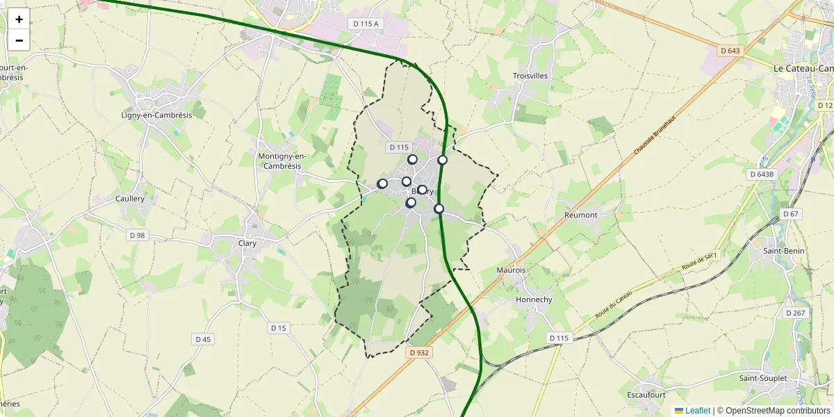 Carte du réseau de transport en commun à Bertry - lignes de bus et arrêts