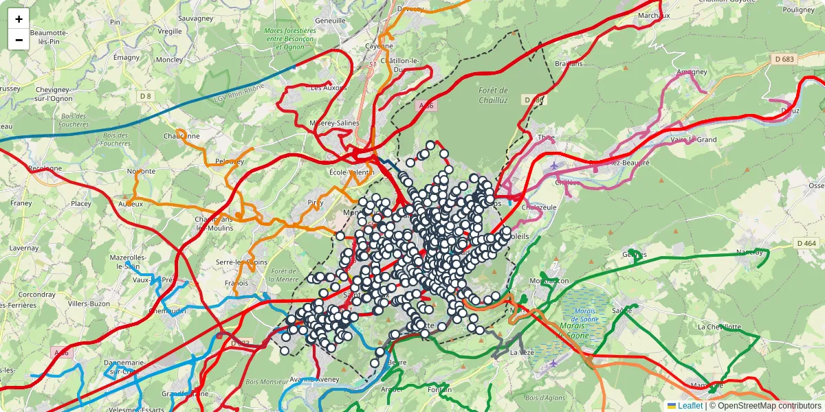 Carte du réseau de transport en commun à Besançon - lignes de bus et arrêts