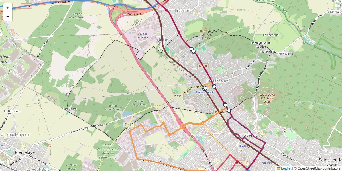 Carte du réseau de transport en commun à Bessancourt - lignes de bus et arrêts