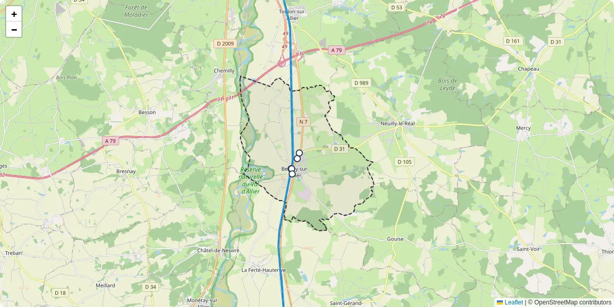 Carte du réseau de transport en commun à Bessay-sur-Allier - lignes de bus et arrêts