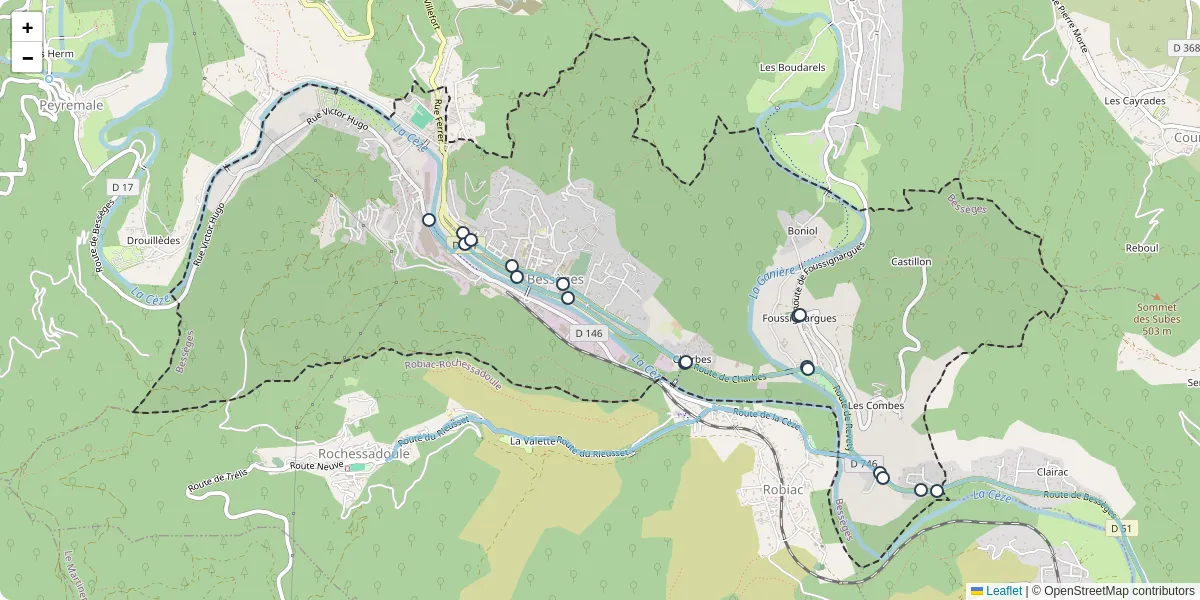 Carte du réseau de transport en commun à Bessèges - lignes de bus et arrêts