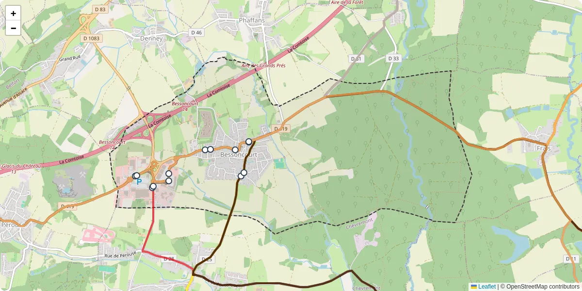 Carte du réseau de transport en commun à Bessoncourt - lignes de bus et arrêts