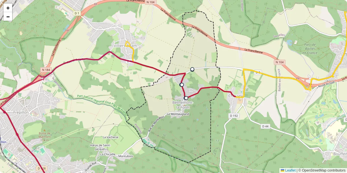 Carte du réseau de transport en commun à Béthemont-la-Forêt - lignes de bus et arrêts