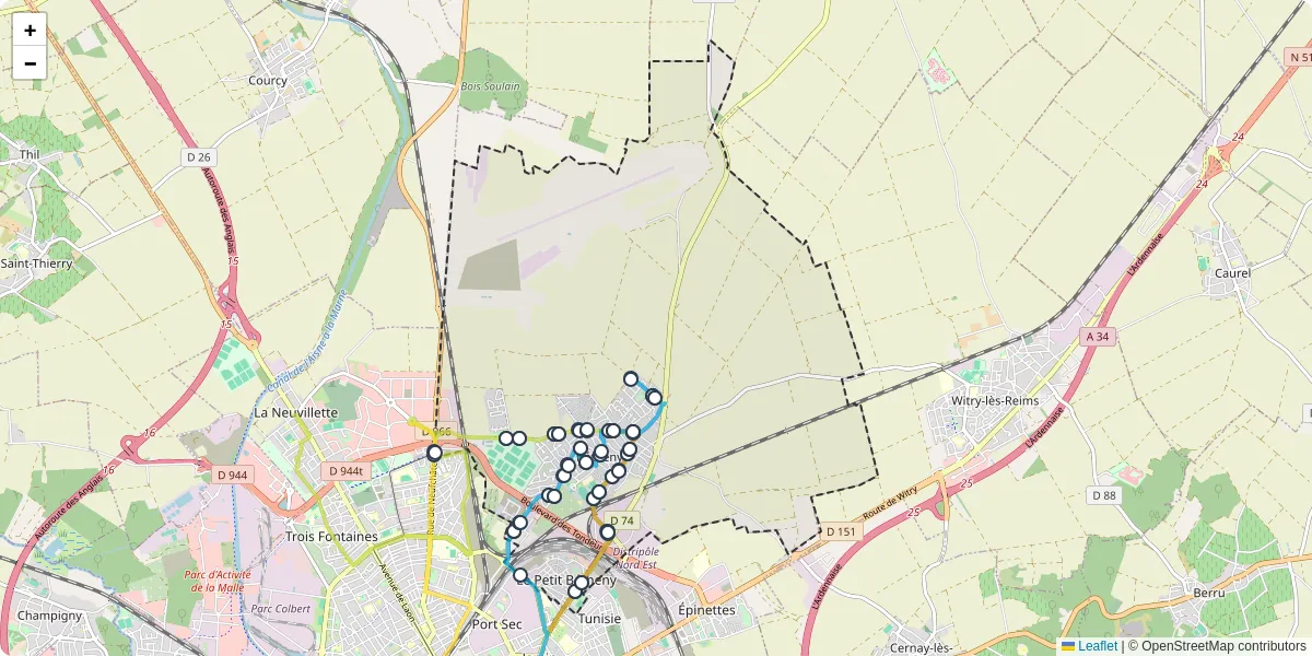 Carte du réseau de transport en commun à Bétheny - lignes de bus et arrêts