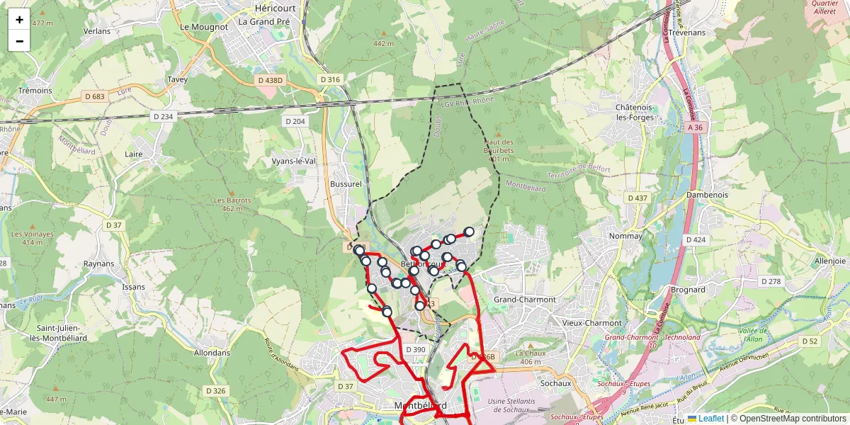 Carte du réseau de transport en commun à Bethoncourt - lignes de bus et arrêts