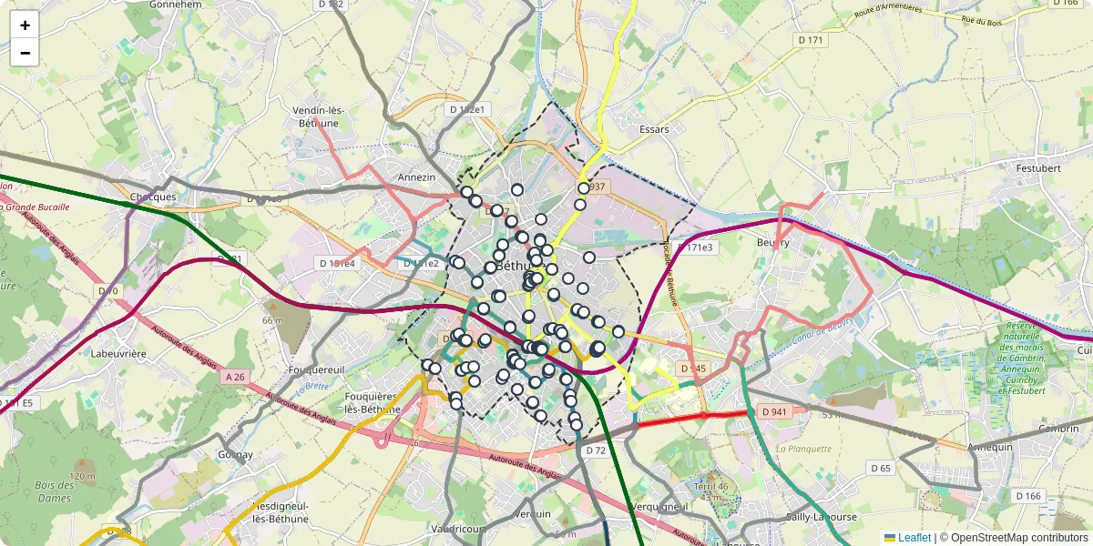Carte du réseau de transport en commun à Béthune - lignes de bus et arrêts
