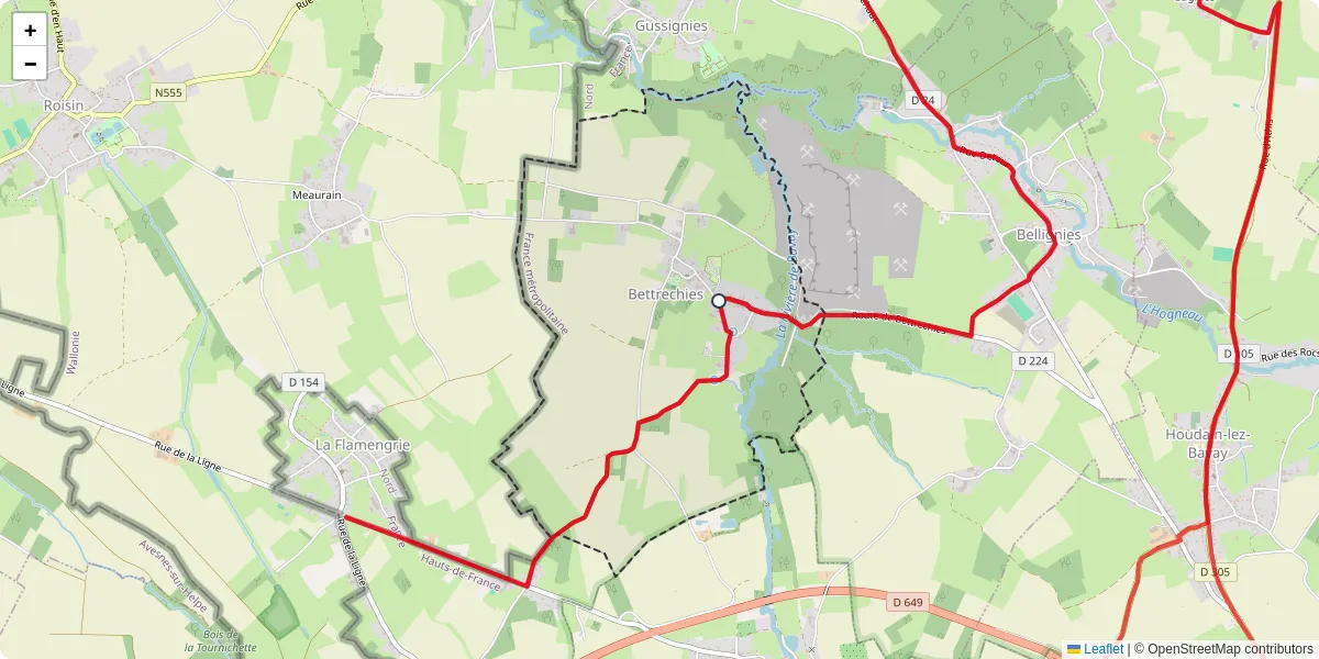 Carte du réseau de transport en commun à Bettrechies - lignes de bus et arrêts