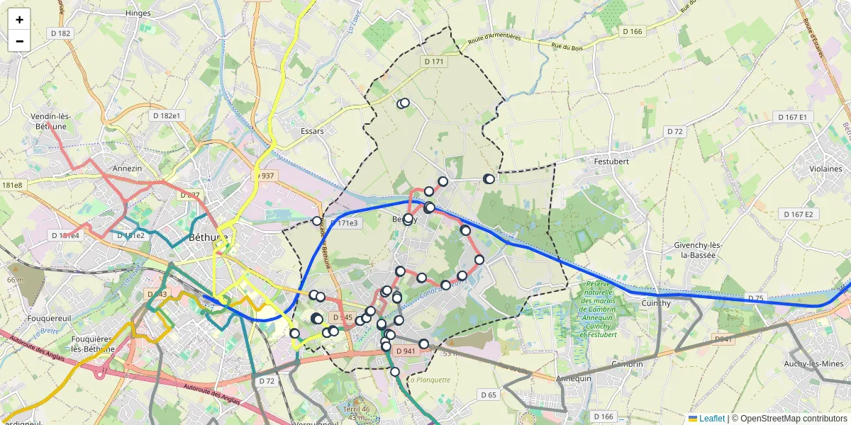 Carte du réseau de transport en commun à Beuvry - lignes de bus et arrêts