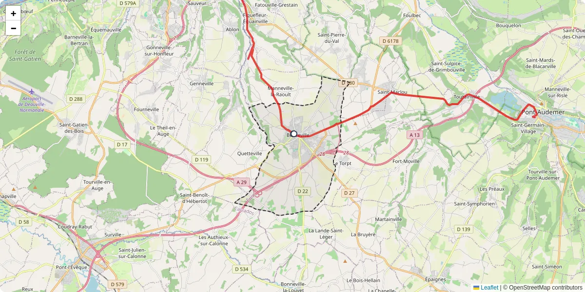Carte du réseau de transport en commun à Beuzeville - lignes de bus et arrêts