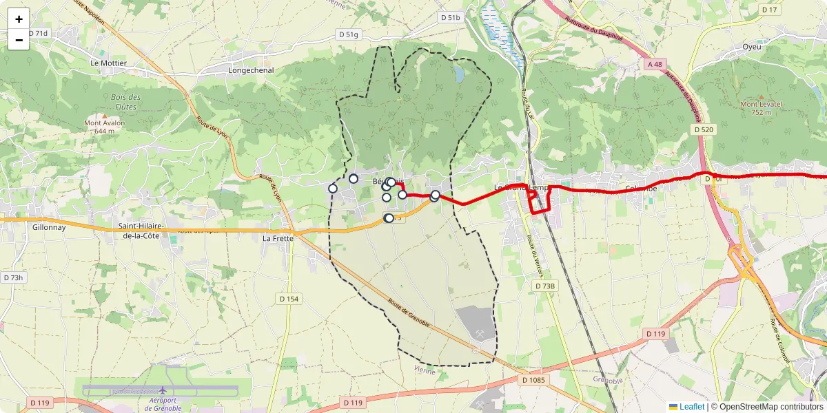 Carte du réseau de transport en commun à Bévenais - lignes de bus et arrêts