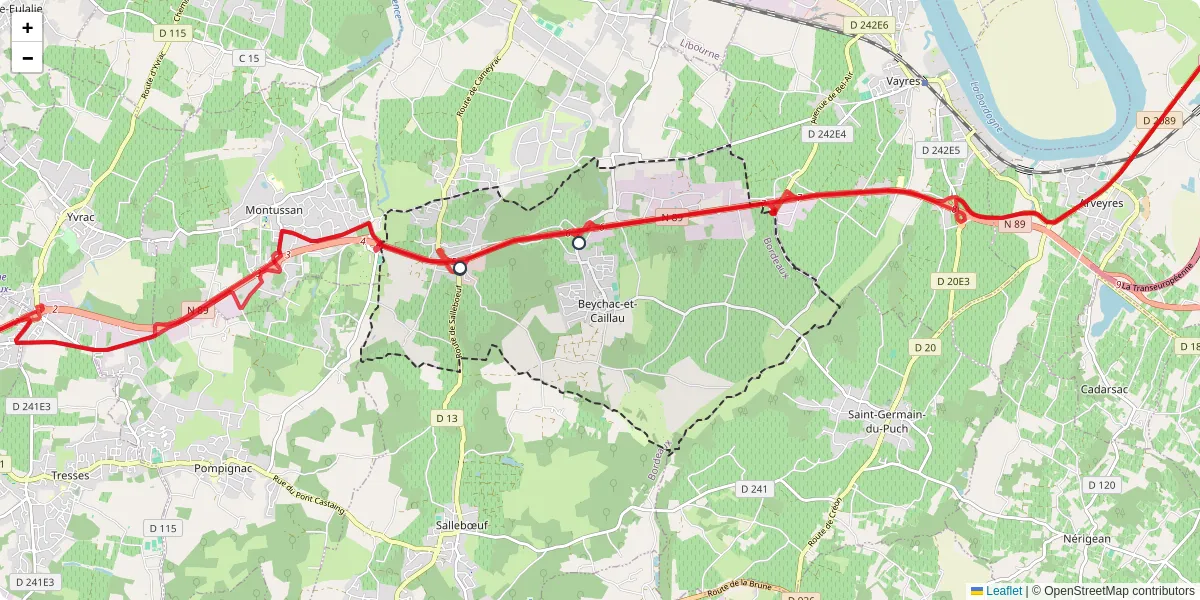 Carte du réseau de transport en commun à Beychac-et-Caillau - lignes de bus et arrêts