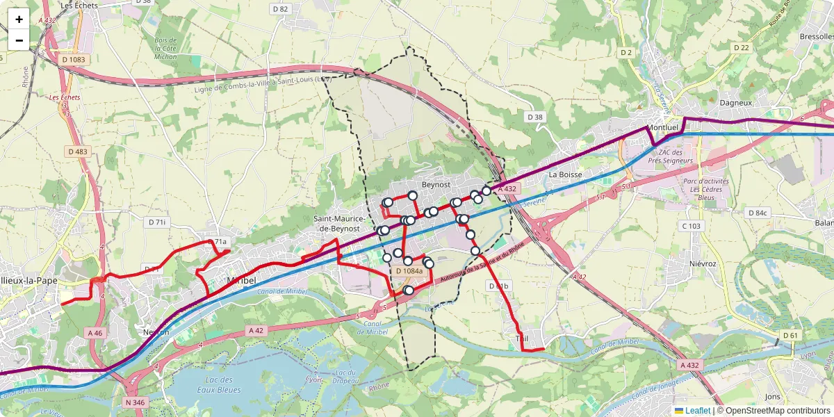 Carte du réseau de transport en commun à Beynost - lignes de bus et arrêts