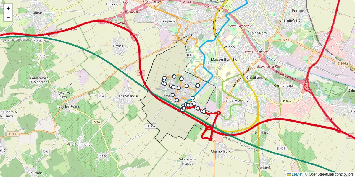 Carte du réseau de transport en commun à Bezannes - lignes de bus et arrêts