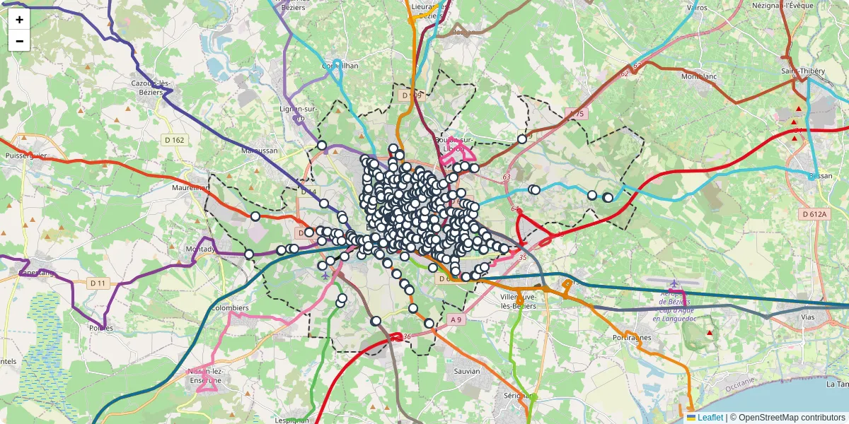 Carte du réseau de transport en commun à Béziers - lignes de bus et arrêts