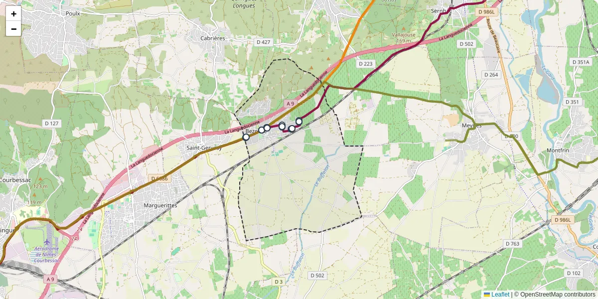 Carte du réseau de transport en commun à Bezouce - lignes de bus et arrêts