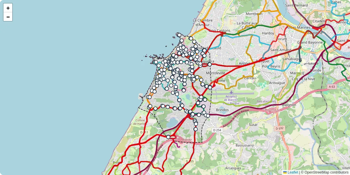 Carte du réseau de transport en commun à Biarritz - lignes de bus et arrêts