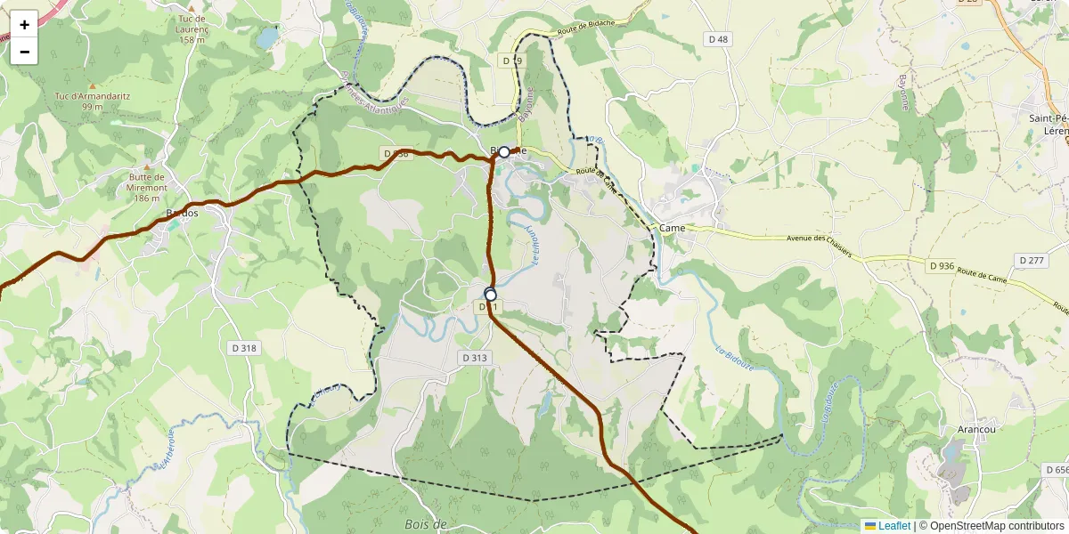 Carte du réseau de transport en commun à Bidache - lignes de bus et arrêts