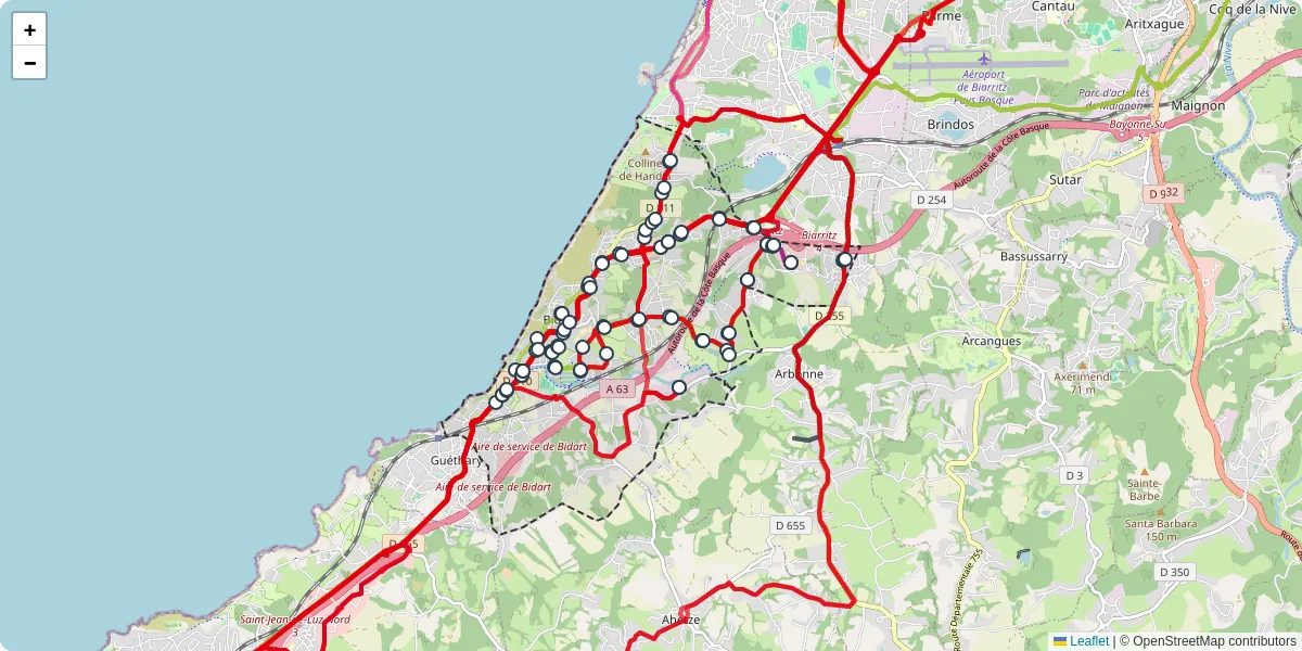 Carte du réseau de transport en commun à Bidart - lignes de bus et arrêts