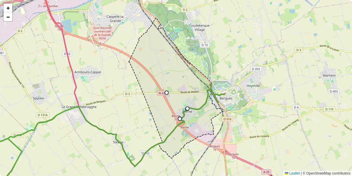 Carte du réseau de transport en commun à Bierne - lignes de bus et arrêts