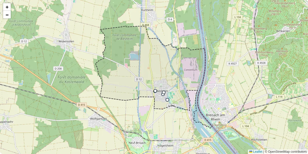 Carte du réseau de transport en commun à Biesheim - lignes de bus et arrêts