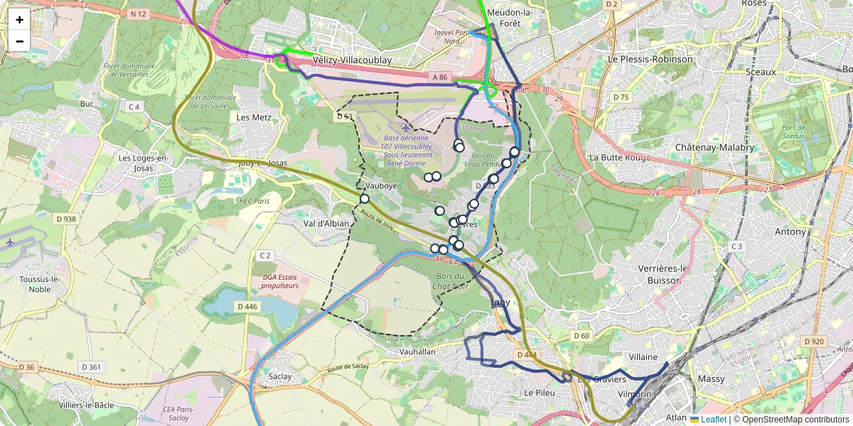 Carte du réseau de transport en commun à Bièvres - lignes de bus et arrêts