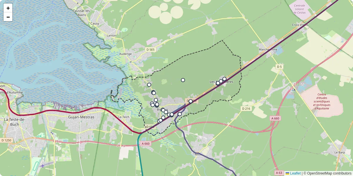 Carte du réseau de transport en commun à Biganos - lignes de bus et arrêts