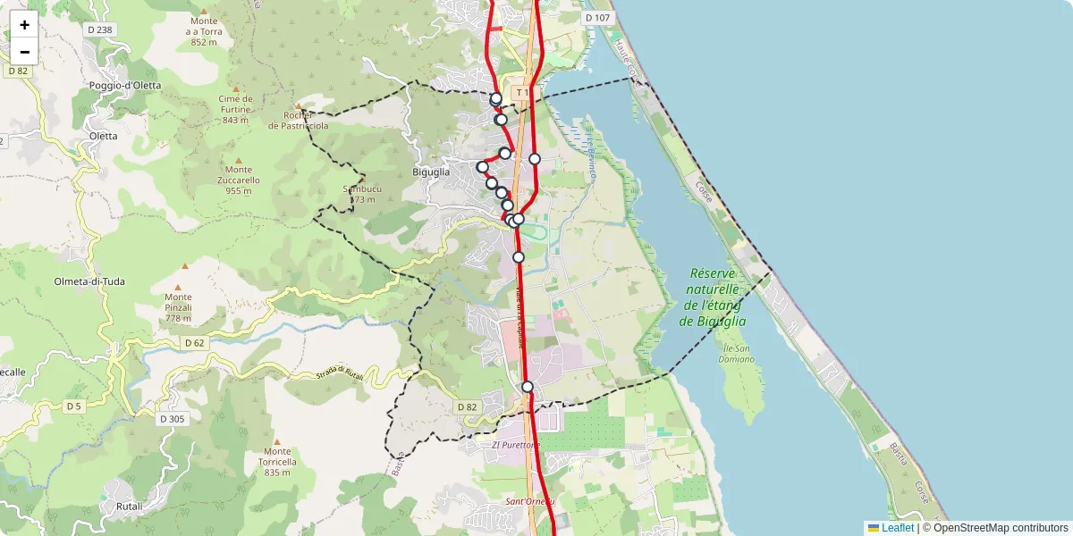 Carte du réseau de transport en commun à Biguglia - lignes de bus et arrêts