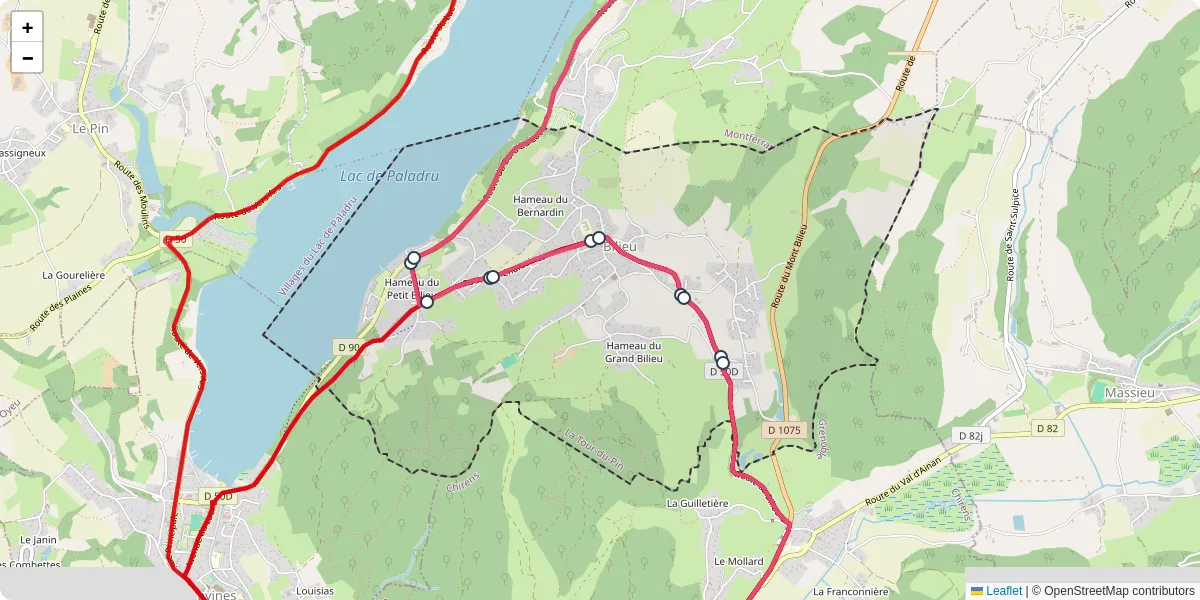 Carte du réseau de transport en commun à Bilieu - lignes de bus et arrêts