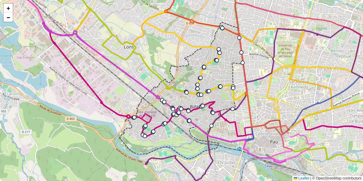 Carte du réseau de transport en commun à Billère - lignes de bus et arrêts