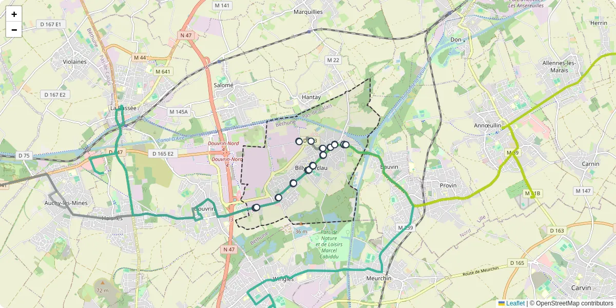 Carte du réseau de transport en commun à Billy-Berclau - lignes de bus et arrêts