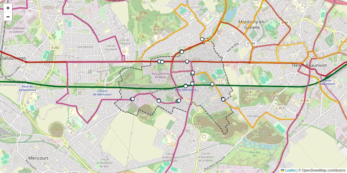 Carte du réseau de transport en commun à Billy-Montigny - lignes de bus et arrêts